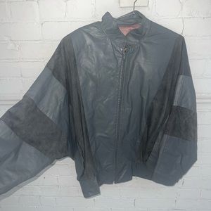 Grey leather two toned batwing vintage 80s jacket
